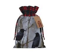 QMNSEHF Christmas Gift Bags Drawstring Santa Bag Xmas Buffalo Burlap Goodie Bags with Gift Tags Treat Bag Black Crow Birds Wrapping Sacks for Christmas Presents Party Favor Wrap Storage Pouch Medium