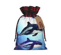 QMNSEHF Christmas Gift Bags Drawstring Santa Bag Xmas Buffalo Burlap Goodie Bags with Gift Tags Treat Bag Orca Killer Whale Wrapping Sacks for Christmas Presents Party Favor Wrap Storage Pouch Medium