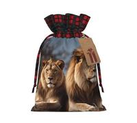 QMNSEHF Christmas Gift Bags Drawstring Santa Bag Xmas Buffalo Burlap Goodie Bags with Gift Tags Treat Bag Two lions Wrapping Sacks for Christmas Presents Party Favor Wrap Storage Pouch Medium