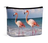 QMNVBDS Flamingo On The Beach Makeup Bag Travel Toiletry Bag for Women Waterproof Cosmetic Bags Small Zipper Pouch Portable Travel Bags for Toiletries Cute Cosmetic Pouch Make Up Organizer
