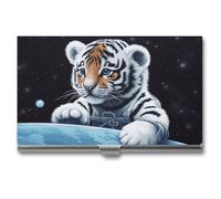 QMNVBDS Little Tiger in Space Business Card Holder Slim Business Card Case for Women Men Metal Business Card Box Business Card Holder for Pocket Purse Small Business Card Wallet One Size