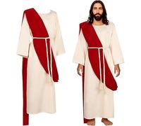 QMROCHE Jesus Costume Adult Men Biblical Religious Christ Costume Includes Waist Rope For Disciple Costumes, Beige, Small