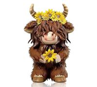 QMSKI Highland Cow Figurines Statues Ornaments,Coffee Gnomes Scottish Cattle Decor for Home, Garden, Living Room, Kitchen, Farmhouse Style Ideal Friendship Gifts (Yellow Flower Highland Cow A Style)