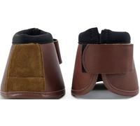 QMYBROW No Turn Bell Boots Hoof Protection,Shock Absorbing, Water-Repellent,with Anti-Spin Fastening System |Neoprene,Waterproof Cloth,Genuine Leather (Coffee, Pony (Small))