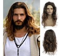 Qnbiar Long Curly Wavy Brown Wigs for Men Synthetic Natural Party Halloween Cosplay Hair Wig