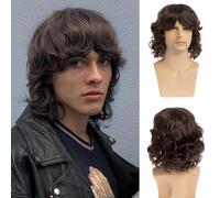 Qnbiar Mens Brown Wig Short Wavy Fluffy Layered Wig with Bangs Synthetic Heat Resistant Halloween Cosplay Hair