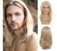 Qnbiar Men's Long Straight Blonde Wig Middle Parting Synthetic Heat Resistant