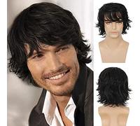 Qnbiar Men's Short Black Wig Natural Hair Replacement Synthetic Costume Halloween Full Wig