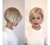 Qnbiar Short Blonde Wigs for White Women Synthetic Side Part Straight Bob Wig Halloween Party Cosplay Hair with Cap