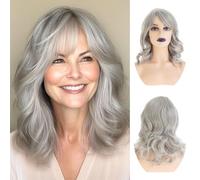 Qnbiar Short Grey Bob Wig for White Women Shoudler Length Natural Wavy Heat Resistant Synthetic Hair Wig for Daily Party