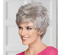 Qnbiar Short Pixie Cut Gray Wigs with Bangs - Natural Curly Synthetic Hair Wigs for White Women