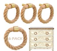 QNNEFF 6PCS Nautical Twisted Jute Rope Drawer Pulls Brushed Brass Dresser Knobs Rustic Hemp Rope Drawer Pulls Antique Handles Cabinet Hardware Cupboard Wardrobe Door Furniture Knobs