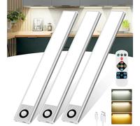 QNUJN Under Cabinet Kitchen Lights, 72 LED Motion Sensor Lights Indoor, 3000mAh Type-C Rechargeable, 3 Color Temperature Dimmable, 30cm Night Light with Remote for Cupboard, Closet, Stairs, 3 Pack