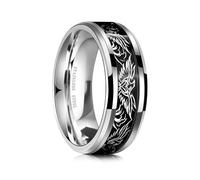 QOBEBOTA Mens Wedding Band Black Stainless Steel Engagement Ring 8mm Width Eagle Viking Ring Tarnish Free Silver Promise Rings for Men Statement Ring Size 8-12, Metal, No Gemstone