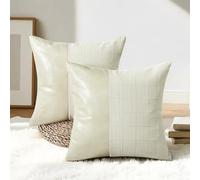 QoBexim Set of 2 Faux Leather Patchwork Linen Plaid Pillow Cover 18x18 Inch, Beige Decorative Throw Pillow Covers Modern Farmhouse Boho Accent Cushion Cover for Couch Sofa Bed Living Room