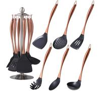 QOBIMOON Silicone Cooking Utensil Set, 6 pcs Silicone Cooking Kitchen Utensils Set, Non-stick Kitchen Cookware Titanium Stainless Steel Handle with Utensil Holder, Spatula Set for Cooking -Rose Gold