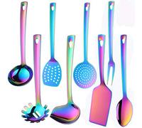 QOBIMOON Stainless Steel Kitchen Utensil Set -8 Cooking Utensils, Colorful Titanium Plated Set Kitchen Tools Gadgets Cake Shovels/Plain Spatula, Potato Masher, Spoon, Slotted Spoon-Rainbow Color