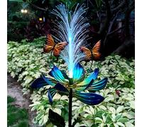 Qobumy Solar Garden Wind Spinner, Blue Metal Lotus Flower with LED Lights, Butterfly Decorative Stake for Yard, Patio, Lawn