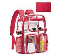 QOECI Heavy Duty Clear Backpack, Large Clear Bookbag Transparent See Through Backpack for School College Sport Security, 1#red, L, Clear