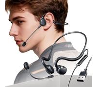 QOEKUEY Open Ear Headphones with Mic, Gaming Headset with Detachable Mic, USB Wired, 6.6ft Cable, Inline Controls, Black