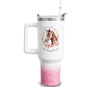 qoepfnsh 30 oz Horse Tumbler with Handle and Straw, Pink Floral Stainless Steel Vacuum Insulated Travel Coffee Mug Cup Water Bottle, Horse Stuff Accessories Decor Gifts for Women Girls