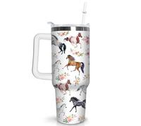 qoepfnsh 40 oz Horse Tumbler with Handle and Straw, Floral Stainless Steel Vacuum Insulated Travel Coffee Mug Cup Water Bottle, Horse Stuff Accessories Decor, Horse Gifts for Women Girls