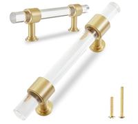 QOGRISUN 10-Pack Acrylic Cabinet Pulls with Brass Base, 3-3/4-inch Hole Center for Kitchen,Gold Modern Drawer Handles,Dresser Drawer Clear Glass Crystal Pulls, 5.9-inch Total Length
