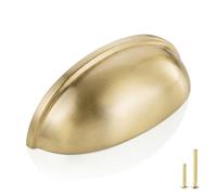 QOGRISUN 10-Pack Solid Brass Cabinet Bin Pulls,Gold Cup Drawer Dresser Handles,3-Inch Hole Center,Kitchen Cupboard Konbs Hardware, Brushed Brass Finish
