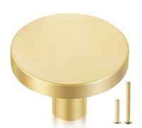 QOGRISUN 10-Pack Solid Brass Cabinet Knobs, 1-5/16-Inch Diameter, Round Gold Dresser Drawer Pulls Handles, Modern Kitchen Hardware, Brushed Brass Finish