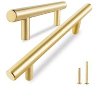 QOGRISUN 10-Pack Solid Brass Cabinet Pulls, Gold Euro Style T-Bar Handles, 3 Inch Hole Center for Kitchen Drawers, Cupboard, Dresser, Bathroom Vanity, Brushed Brass Finish