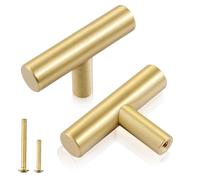 QOGRISUN 2-Pack Solid Brass Cabinet Knobs, Gold Euro Style T Bar Pulls, Single Hole Handles for Kitchen Drawer Dresser Cupboard, 2-Inch Total Length, Brushed Brass Finish