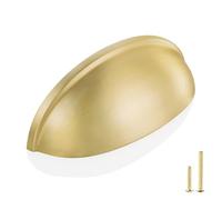 QOGRISUN 2-Pack Solid Brass Cabinet Pulls,Gold Cup Drawer Dresser Handles,3-Inch Hole Center, 3-3/5-Inch Overall Length,Kitchen Cupboard Hardware, Brushed Brass Finish