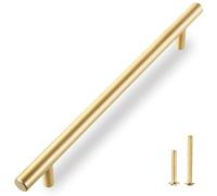 QOGRISUN 2-Pack Solid Brass Cabinet Pulls, Gold Euro Style T Bar Handles, 11-1/4-Inch Hole Center for Kitchen Drawer Dresser Cupboard, 13.8-Inch Total Length, Brushed Brass Finish