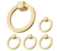 QOGRISUN 5-Pack 2.0"x 1-7/8" Solid Brass Pulls for Dresser Drawer Rings Pulls Single Hole Handles Furniture Hardware Brushed Brass Gold Wardrobe Door Handles