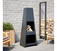 qohoio Outdoor Fireplace with Log Store Tower Design Black Steel-Metal Chiminea Fire Pit Chimney Tall Steel Outdoor Log, Wood & Charcoal Burner Patio Heater with Safety Grill, Fire Poker & Log Storag