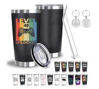 Qoibraze 40th Birthday Gifts for Men Women, 1985 Level 40 Unlocked Video Gamer 20oz Insulated Tumbler with Lid and Straw, Stainless Steel Water Bottle with Cleaning Brush Keychain(Game Level 40)