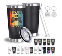 Qoibraze 50th Birthday Gifts for Men Women, Level 50 Unlocked Video Gamer 20oz Insulated Tumbler with Lid and Straw, Stainless Steel Water Bottle with Cleaning Brush Keychain (Game Level 50)
