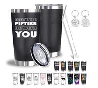 Qoibraze 50th Birthday Gifts for Men Women, Resuable Coffee Cup, 20oz Insulated Tumbler with Lid and Straw, Stainless Steel Water Bottle with Cleaning Brush Keychain (May The Fifties Be with You)