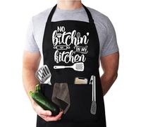 Qoibraze Funny BBQ Apron for Men, Adjustable Cotton Cooking Apron with 2 Pockets, No Bitchin' in My Kitchen Novelty Grilling Gift for Dad, Husband or Boyfriend, Black