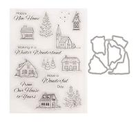 Qoiseys Christmas Cottage Silicone Clear Stamps and Dies Sets for Card Making, Metal Cutting Dies Cut Stencils for DIY Scrapbooking Photo Album Decorative Paper Crafting Embossing Template