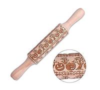 Qoiseys Halloween Embossing Rolling Pin with Pumpkin Bat Spider Patterns,Embossed Halloween Cookies,Wooden 3D Engraved Textured Dough Roller Stick(13.8inch) (01)