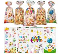 QOIUSO 50 Pieces Easter Treat Bags - Easter Cellophane Bags for Sweets, Cookies, Candy, Transparent Easter Gift Bags with Ties for Easter Party Supplies, 4 Styles
