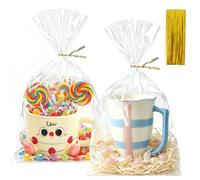 QOIUSO 8"x11" Clear Gift Bags with Bottom Gusset - 50 Pcs Flat Bottom Cellophane Goodie Bags for Candy, Treats, Cookies, Bakery, Small Party Favors - 60 Gold Twist Ties