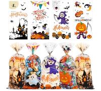 QOIUSO Halloween Cellophane Treat Bags, 50pcs Halloween Plastic Clear Candy Bags with 55pcs Twists for Snacks Cookies Packing, Treat or Trick Party Favors