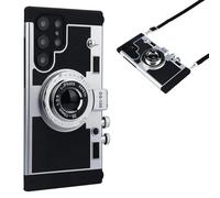 QoKcoahn Camera Case Compatible with Samsung Galaxy S25 Plus, Kawaii 3D Cartoon Vintage Camera with Long Lanyard Silicone PC Crossbody Phone Case Shockproof Protector Black