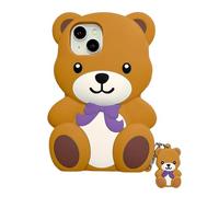 QoKcoahn Case Compatible with iPhone 16,3D Kawaii Cute Cartoon Bow Bear Keychain Soft Silicone Funny for Women Girls Gel Protective Cover