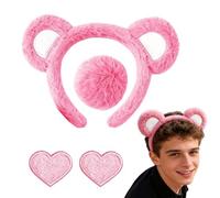 qokeeu Bear Ears Headband and Tail Set - 4 Pieces Unisex Plush Accessory with Heart Pendant - Bear Head Fancy Dress for Party New Year Everyday Outdoor Thanksgiving Holidays Birthday Home