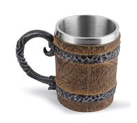 qokeeu Wood Imitation Barrel Beer Mug, Pirate Cup Medieval Tavern Wood Tankard with Handle, Double Wall Stainless Steel Tankard Mug for Bar Restaurant Home Decor
