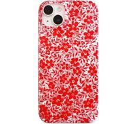 Qokey Floral Case for iPhone 14 & iPhone 13 6.1 Inch - Pretty Spring Flowers Seashell Pattern Print Design, Beige Luxury Glitter Soft Bumper Lightweight Slim Fit Shockproof Phone Cover, Red Flower