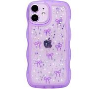 Qokey for iPhone 12 Case, Glitter Star & Curved Edge Handle Grip Design, Military-Grade Shockproof Clear TPU Cover, Sparkle Protection Scratch-Resistant, Holographic Purple Bow